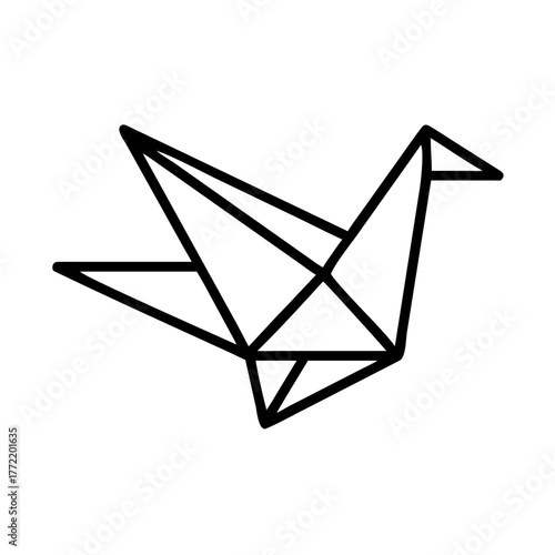 Simple black line illustration featuring an origami bird motif. Monochrome. Chicken.