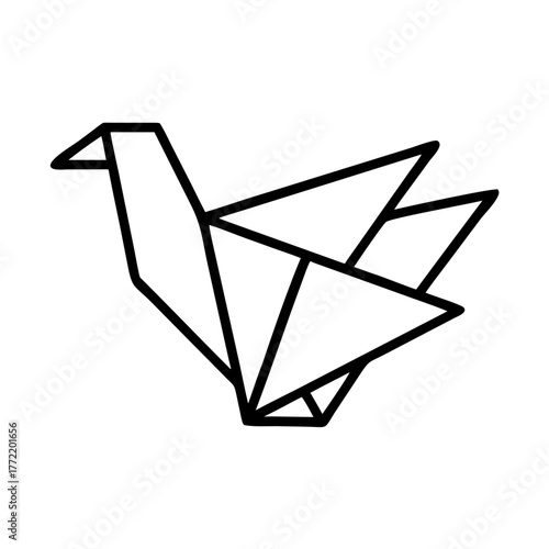 Simple black line illustration featuring an origami bird motif. Monochrome. Chicken.