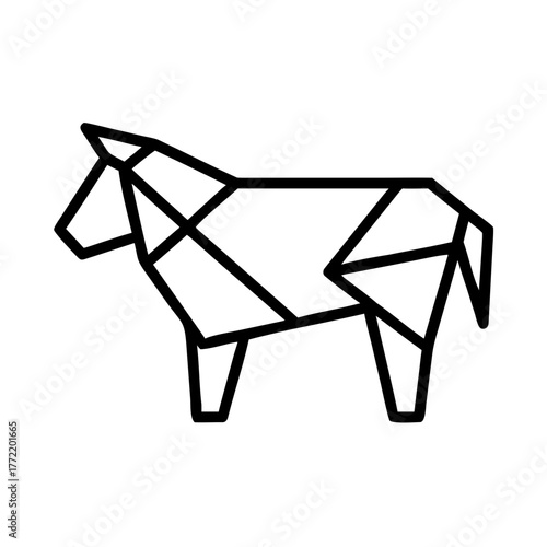 Simple black line illustration featuring an origami cow motif. Monochrome. Beef. Livestock.