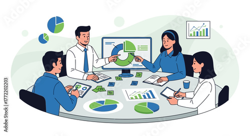 Teamwork And Collaboration: Analyzing Financial Data Round Table Discussion In The Office