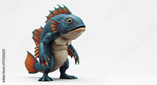 Mystical Fish Creature: A whimsical creature, part fish and part something else, stands poised with an air of curiosity, its vibrant colors and intricate details captivating the viewer.