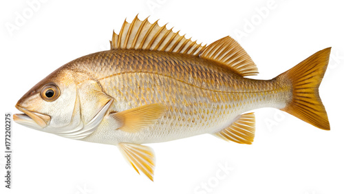A croaker drum fish with golden body, isolated on a transparent background