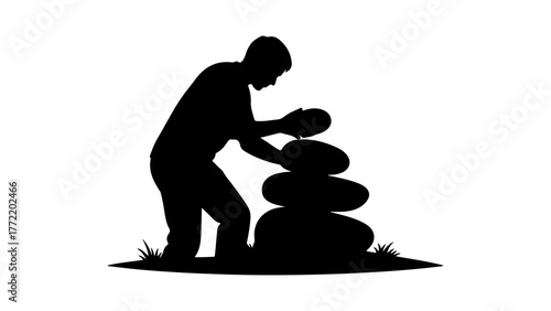 Man stacking stones on grassy ground with transparent background