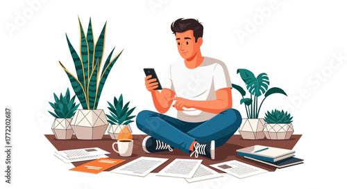 Creative Individual Focused and Relaxing with His Smartphone Amidst Indoor Plants