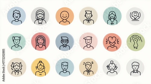 Set of Colorful Cartoon People Icons Depicting Diverse Emotions and Expressions in Flat Style