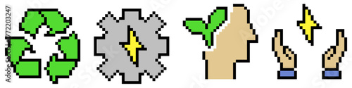 Set pixel green energy icons. Ideal for sustainability, renewable power, and eco-friendly tech. Perfect assets for a retro game or 8-bit interface focused on the environment.	