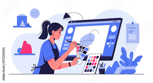 Woman Designing Illustration Using Digital Tablet With Color Palettes And Computer Monitor