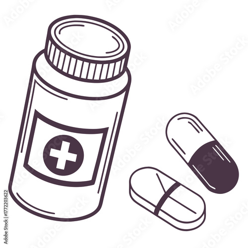 A simple line art illustration of a medicine bottle with a cross symbol and two pills isolated on a white background