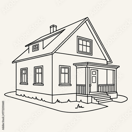 A simple line drawing of a charming detached house with a pitched roof dormer window and welcoming front porch with steps and railing