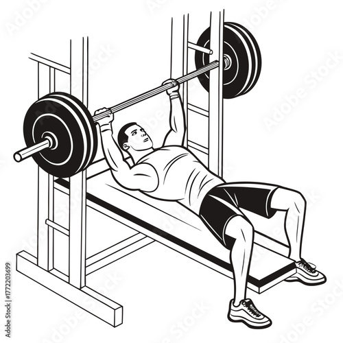 Athletic man performing a bench press exercise on a weightlifting machine in a gym workout session