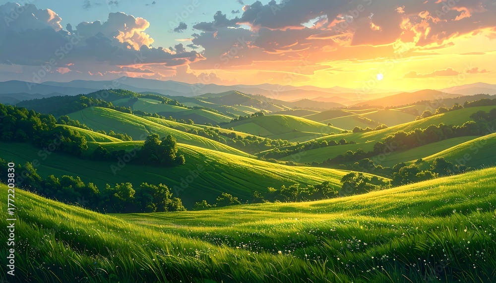 Fototapeta premium Rolling green hills bathed in golden sunlight at sunset. Wispy clouds dot the sky. A serene landscape