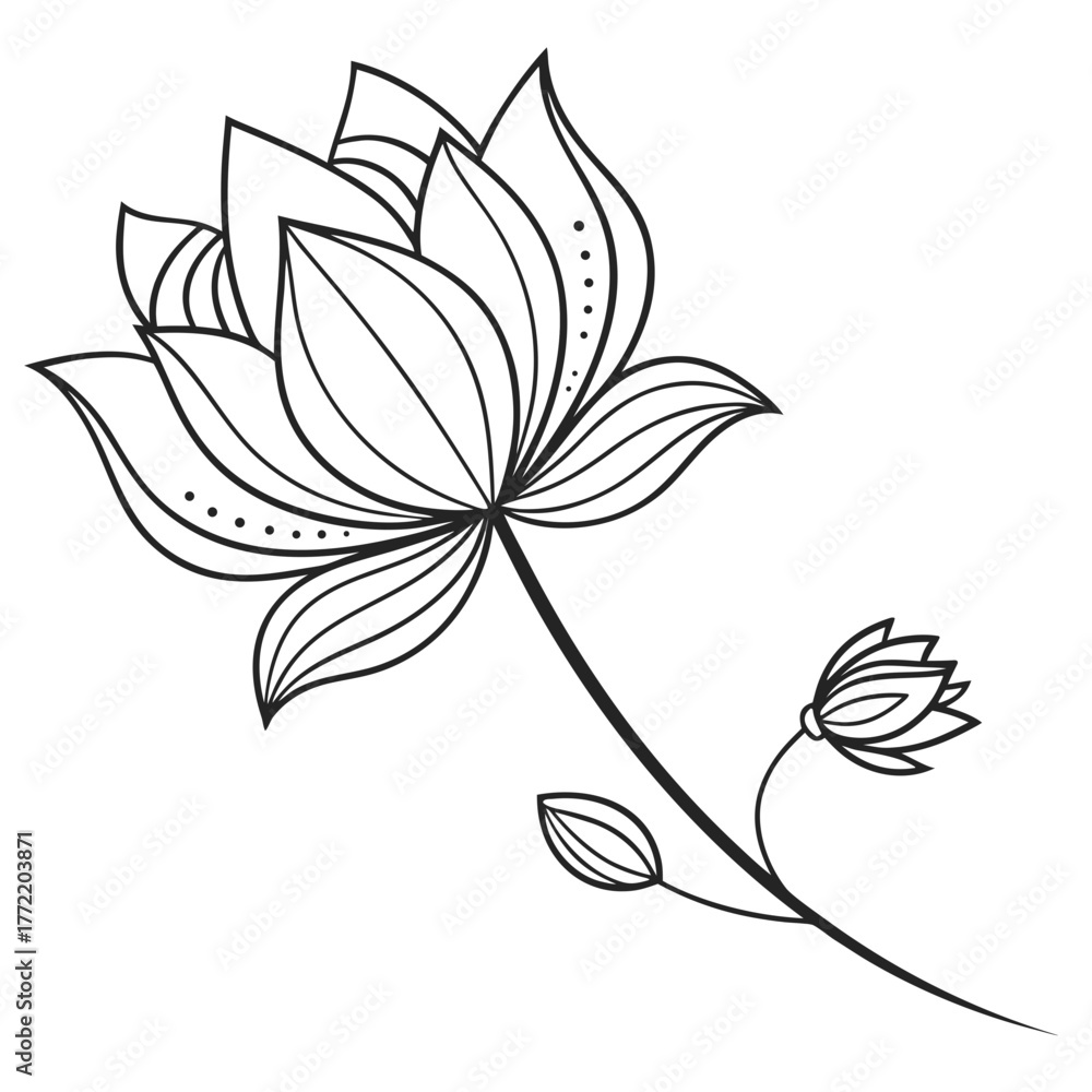 Fototapeta premium Elegant black and white line art illustration of a stylized lotus flower with buds and delicate petal details