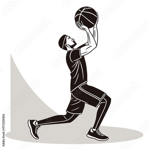 Dynamic silhouette of a basketball player executing a jump shot with intense focus and athleticism