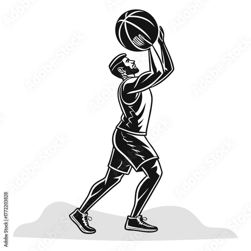 Dynamic black and white illustration of a male basketball player in mid jump preparing to shoot the ball with focus and determination