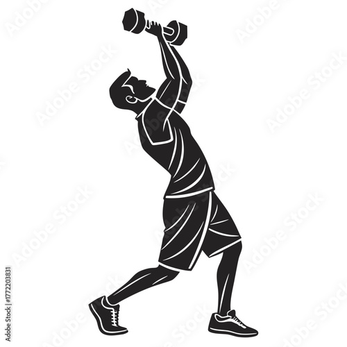 Dynamic silhouette of a fit man performing an overhead dumbbell press exercise in a stylized black and white illustration