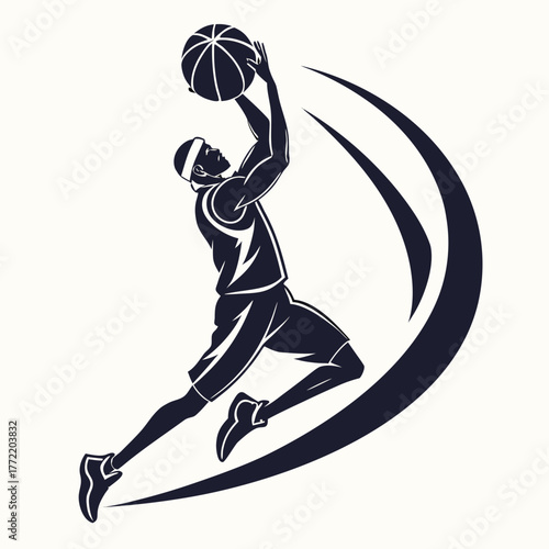 Dynamic silhouette of a basketball player in mid air executing a powerful dunk with motion trails