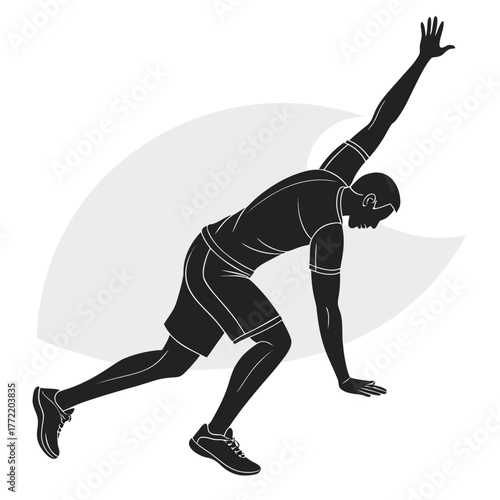 Dynamic silhouette of a man performing a sprinting start or athletic movement with one arm raised