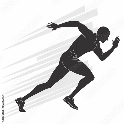 Dynamic silhouette of a male athlete sprinting forward with speed lines indicating motion and determination