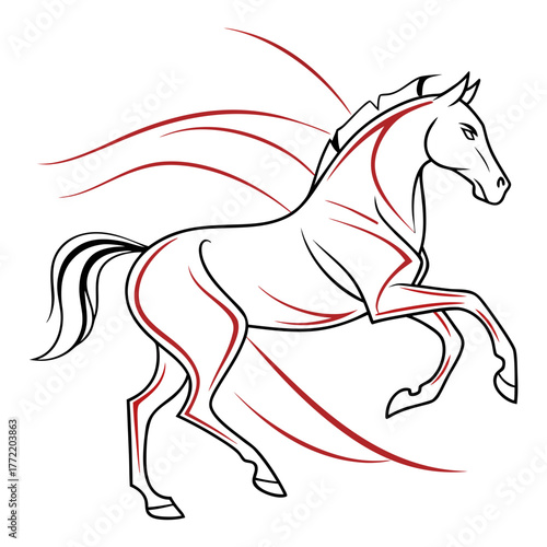 Elegant black and white line art illustration of a powerful horse with flowing red accents in a dynamic pose