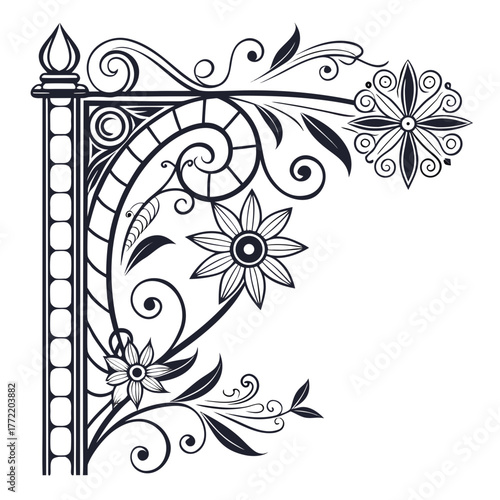 Elegant black and white ornamental corner flourish with intricate floral and scrollwork designs for decorative applications