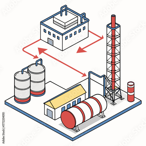 Industrial facility diagram illustrating a process flow with storage tanks a factory building and a tall chimney structure connected by pipelines and red arrows