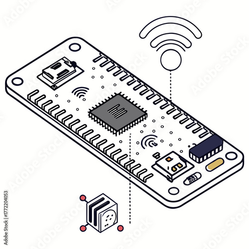 Isometric illustration of a development board with a central microcontroller and wireless connectivity symbols indicating iot applications