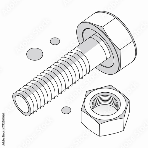 Isometric illustration of a hexagonal bolt with a nut threaded onto it and a separate nut symbolizing mechanical fastening and assembly components