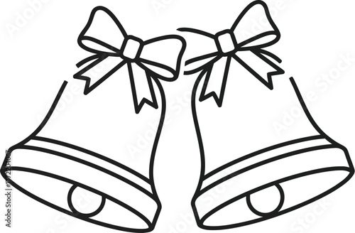 Two christmas bells with bows in minimalist line art style