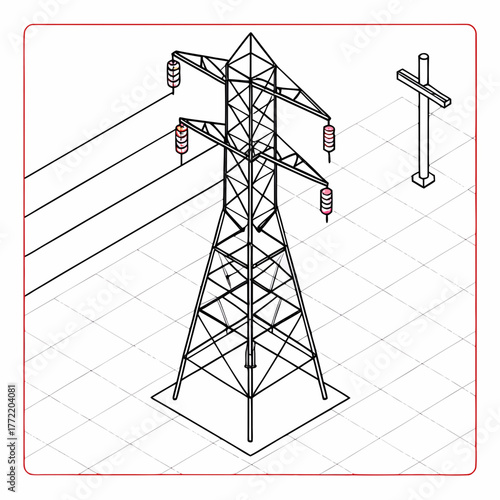 Isometric illustration of a tall electricity pylon with power lines and warning markers against a grid background