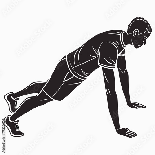 Silhouette of a determined young man performing a push up exercise on a white background demonstrating strength and fitness