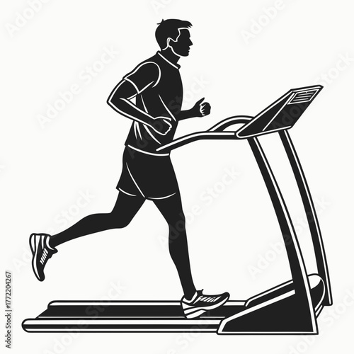 Silhouette of a man running on a treadmill in a gym for cardio exercise and fitness training