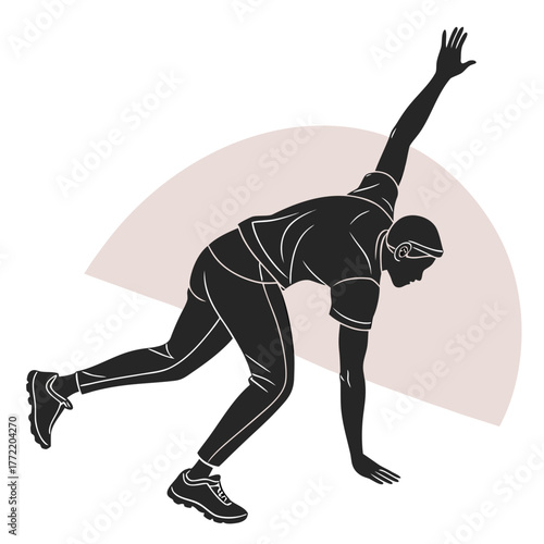 Silhouette of a person performing a dynamic fitness exercise with one arm raised and the other touching the ground