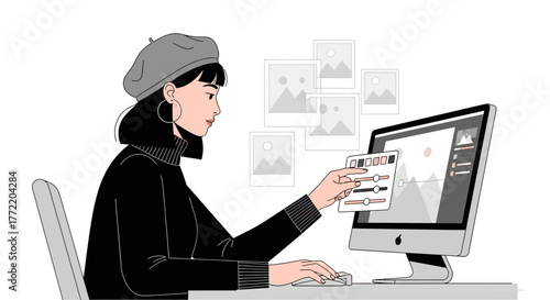 Woman Editing Photos On Computer Screen With Adjustment Sliders While Working In Studio