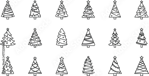 Collection of christmas trees in decorative evergreen style