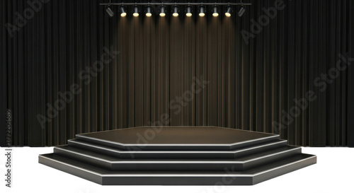 Empty black stage with spotlight and curtains for performance presentation or award show background