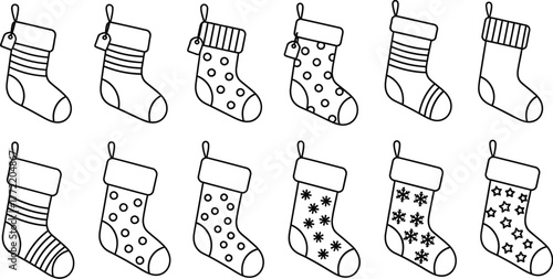 Collection of cute christmas stocking doodles with different patterns