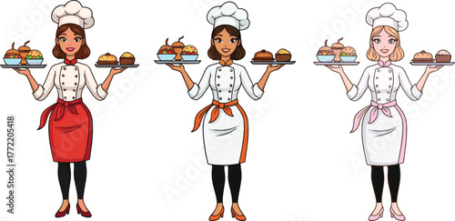 Cartoon female pastry chef holding delicious cupcakes and muffins, professional bakery worker illustration for cooking, restaurant, kitchen, dessert, culinary design
