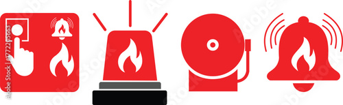 “Fire Safety Equipment Icons – Fire Alarm Bell and Extinguisher Vector Illustration”