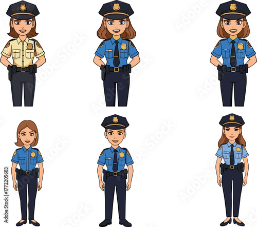 Cartoon female police officer characters in uniform standing confident with hats and badges, law enforcement vector illustration for security authority design