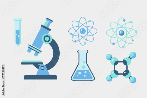 Scientific Lab Equipment Set Microscope, Test Tubes, Atom Symbols, and Flasks Illustration