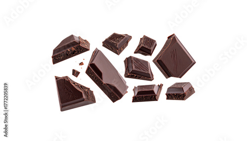 Delicious dark chocolate bars broken into pieces, ideal for a sweet cocoa snack, isolated on a white background