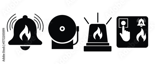 “Fire Safety Equipment Icons – Fire Alarm Bell and Extinguisher Vector Illustration”