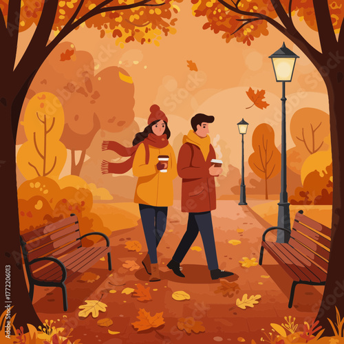 A Couple Enjoys Cozy Autumn Park Walk