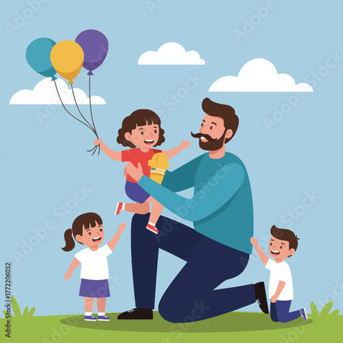 Happy Father Bonding With His Three Children