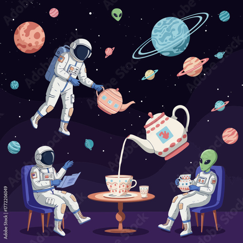 Interstellar Friends Enjoying Zero Gravity Afternoon Tea
