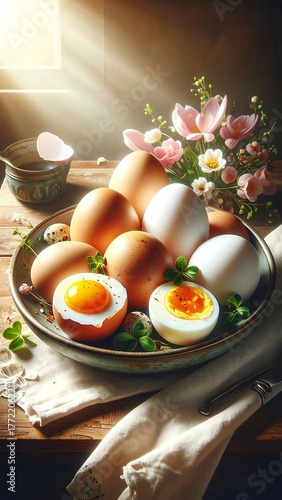 Eggs on a plate with greens, flowers, and morning sun
