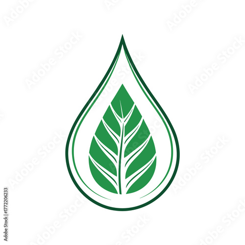 Vibrant green leaf inside a dark green water drop outline on white background Keywords: leaf, water drop, green, nature, ecology, organic, fresh