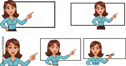 Cartoon female teacher character pointing at blank whiteboard in classroom with multiple poses, business presentation and education learning illustration
