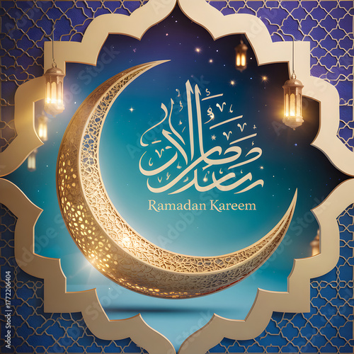 Ramadan kareem crescent moon islamic calligraphy festive ramadan lanterns starry sky celebration