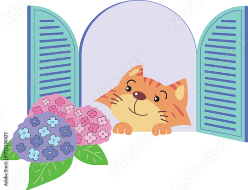 窓辺の猫とあじさい
